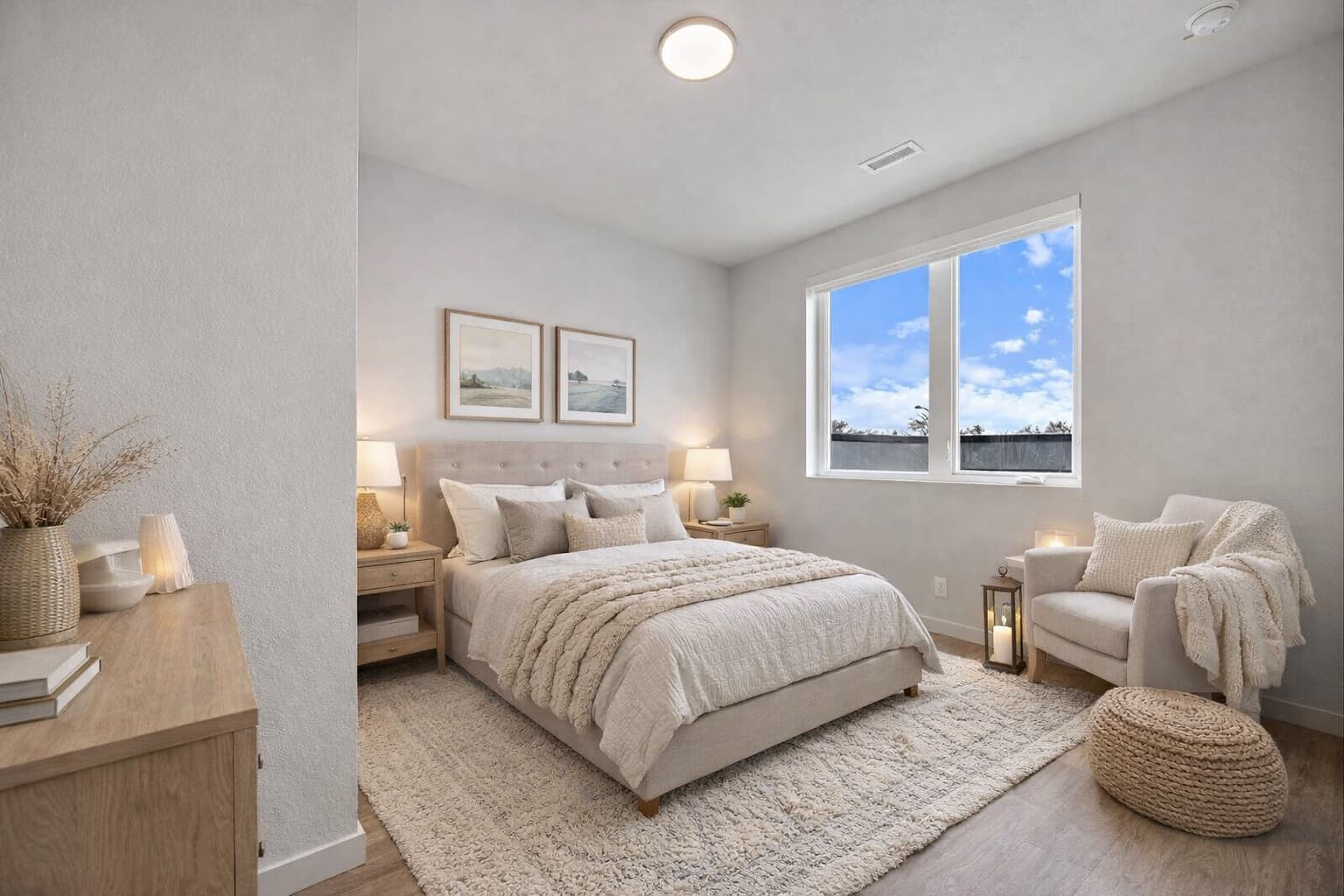 Furnished bedroom with hardwood floors in a luxury West Denver area apartment at The Cooper