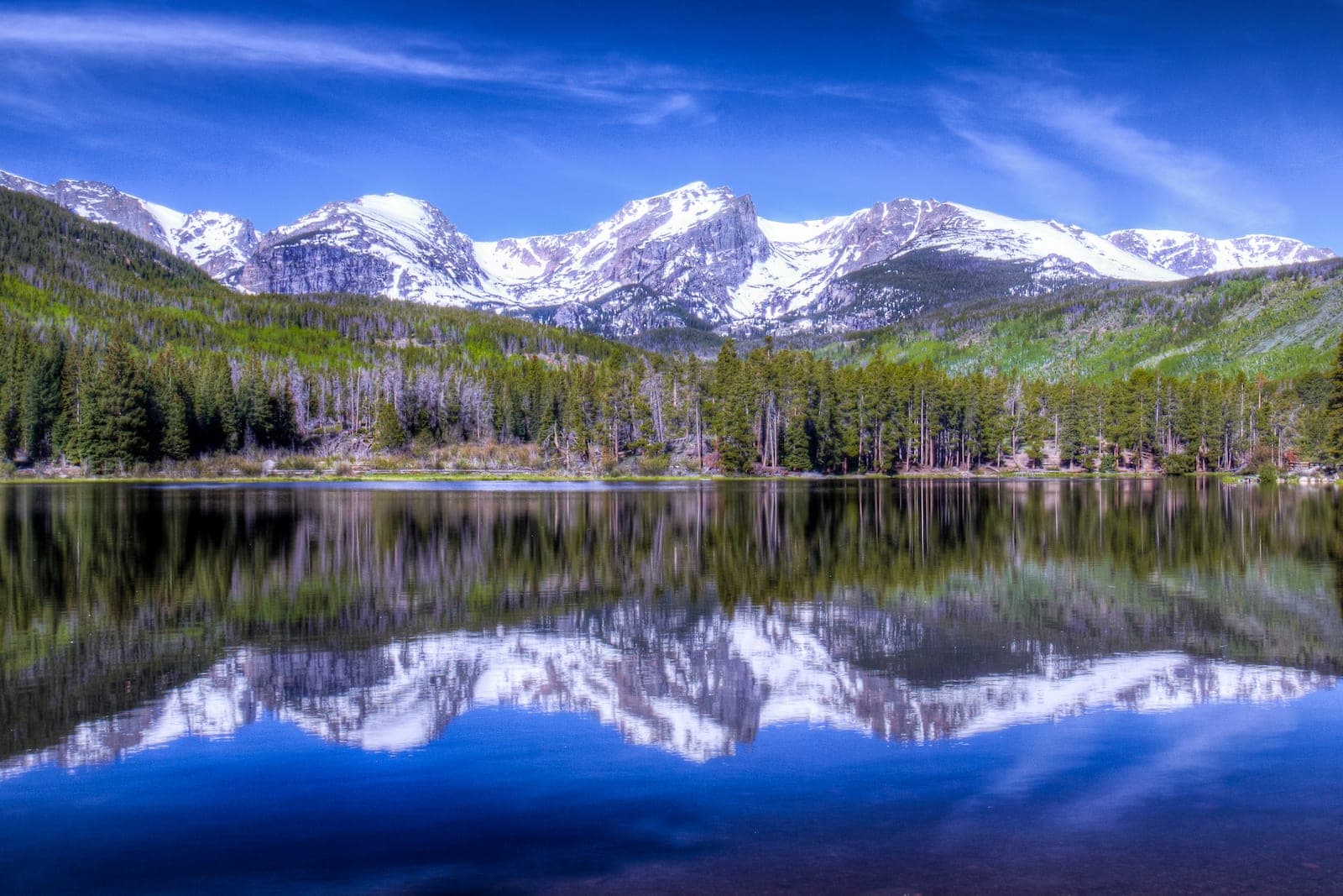Rocky Mountain reflection on Sprague Lake, accessible from Lakewood and the Denver metro area
