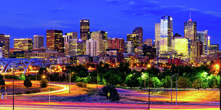 Denver city skyline views from The Cooper luxury apartments in Lakewood, Colorado with Rocky Mountain backdrop